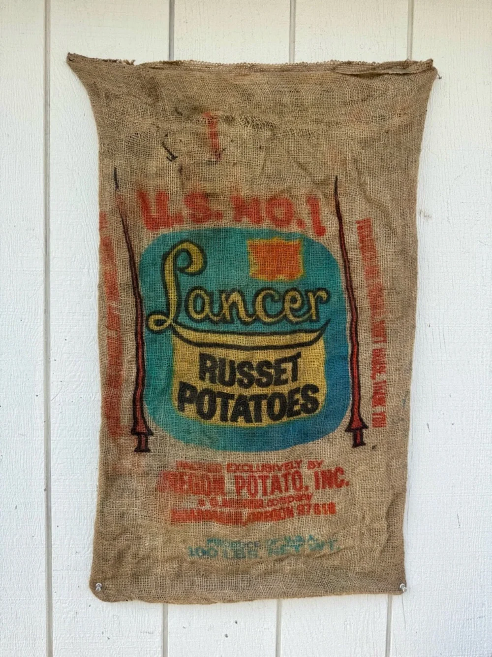 Vintage Lancer Russet Potato Burlap Sack – Colorful Farm Print | Rustic Decor